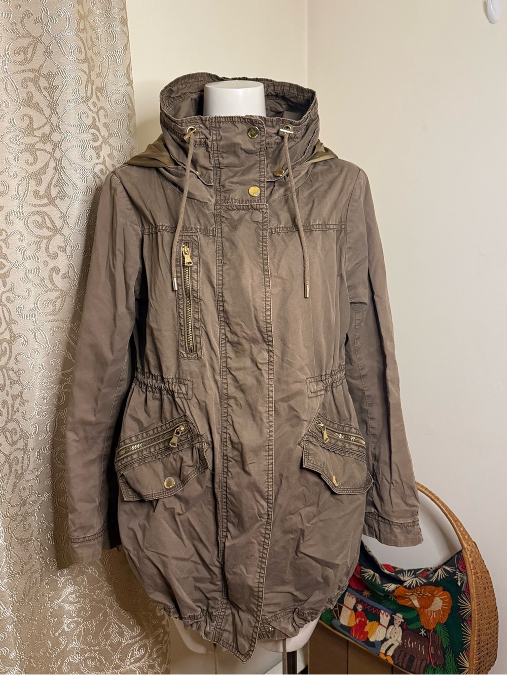 Zara Olive-Taupe Hooded Utility Anorak Jacket